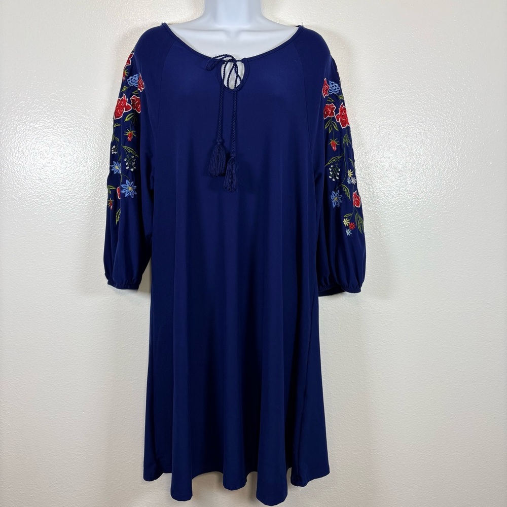 Alison Brittney Navy Blue Embroidered Sleeve Boho Dress Size L